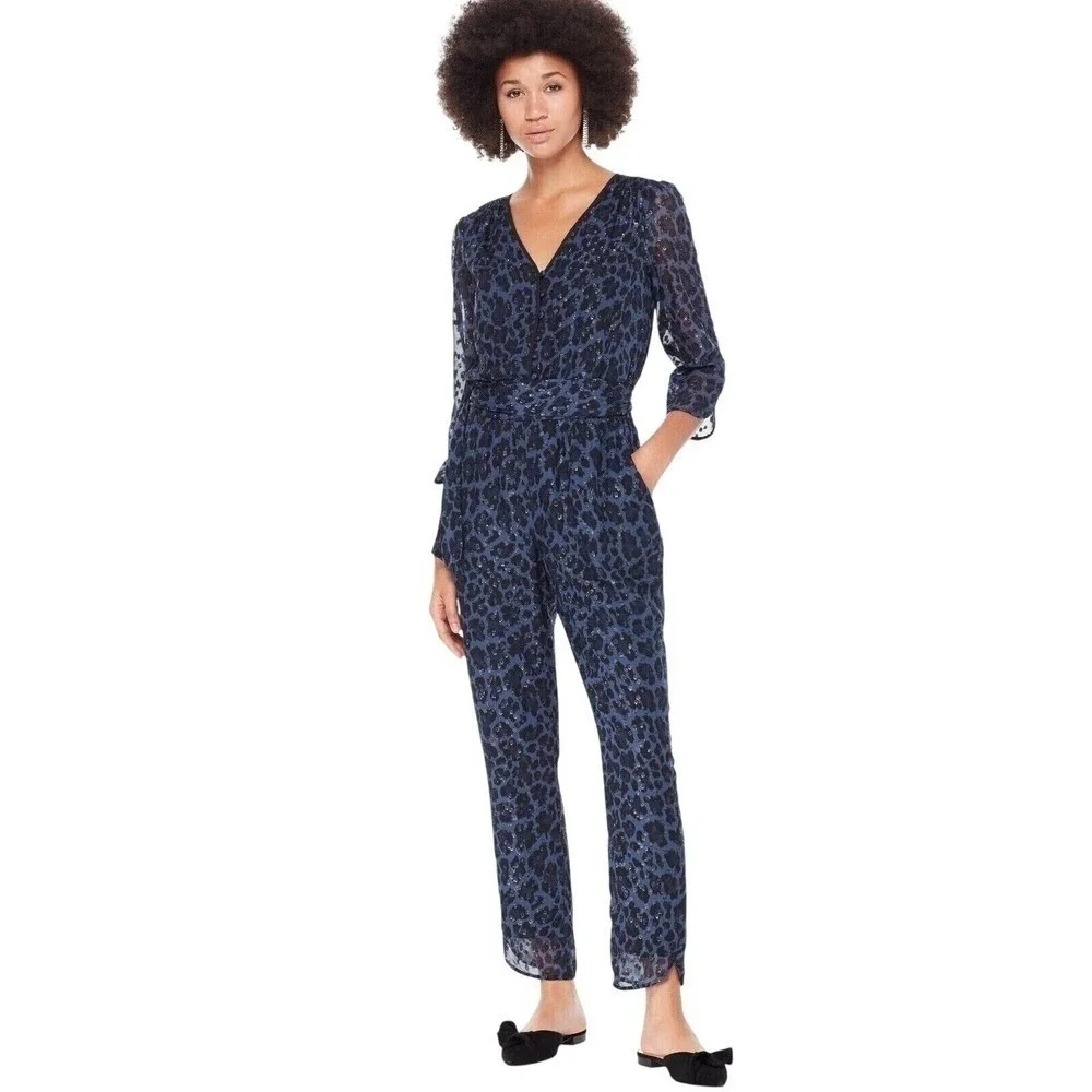 Kate Spade Jumpsuit Women 0 Navy‎ Silk Leopard Swiss Dot Metallic Retro Party